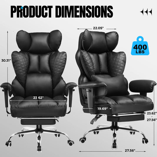 Office Chair Ergonomic Leather High Back Gaming Chair with Footrest, Adjustable Armrests