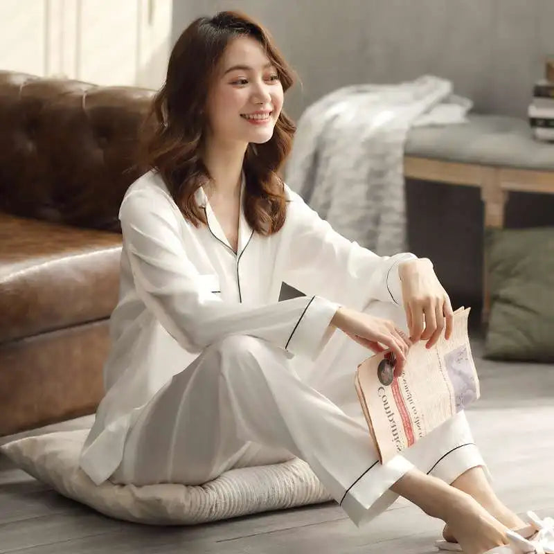 Solid Color Sleepwear Silk Satin Pajamas Couple Set Long Button-Down Pyjamas Suit Pijama Women/ Men Loungewear Plus Size Pj Set