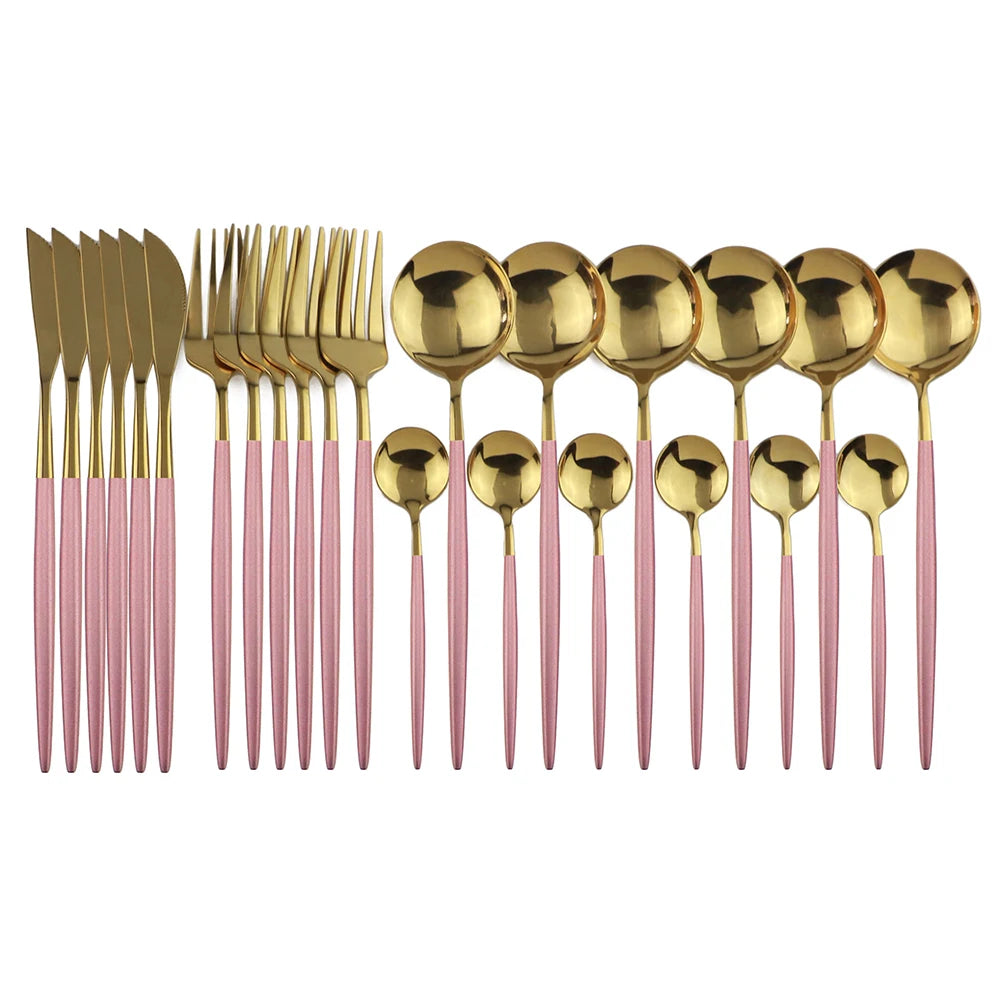 24pcs Gold Dinnerware, Stainless Steel Tableware, Set with Knife, Fork, Spoon, Flatware Set, Dishwasher Safe, Silverware Cutlery Set