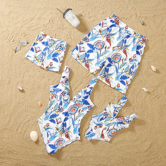 Family Matching Swimsuits/ Floral Printed Mom And Me Swimwear. Women, Girls Bathing Suits and Men, Boys Trunks Couples Holiday Beachwear