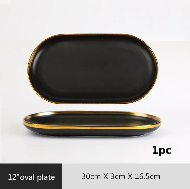 Gilt Rim Black Porcelain Dinner Plates, Kitchen Dishes, Ceramics, Tableware Food Tray, Rice, Salad, Noodles Bowl , Cutlery Set