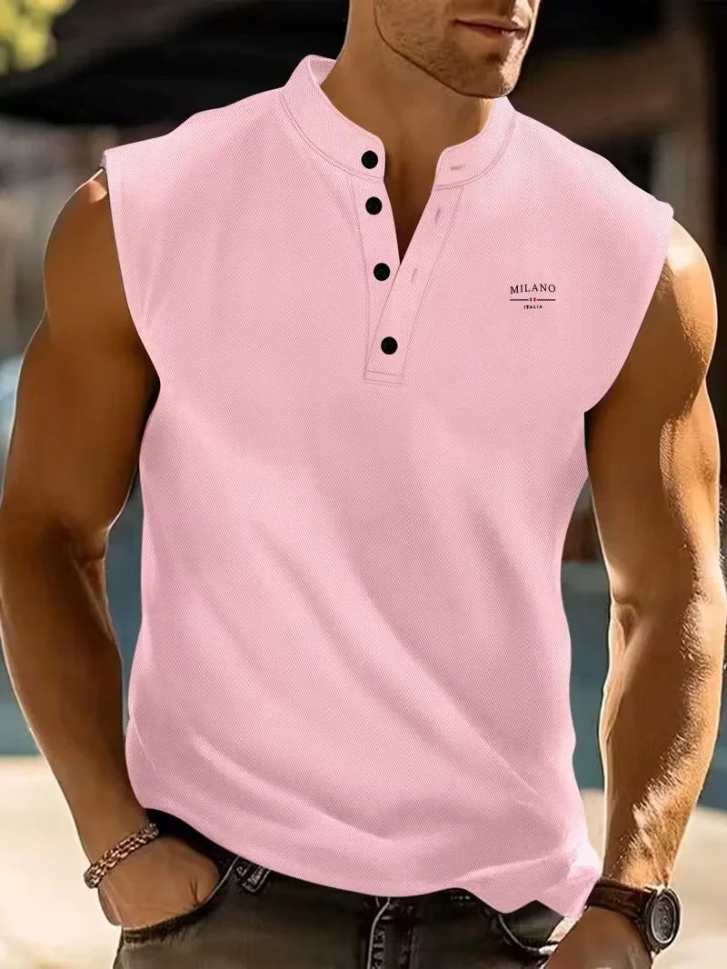 Summer Men's Casual Sleeveless T-Shirt Milano Embroidery Stand Collar Henley Tank Top Beach Sportwear. White is gone but 3-4 colors are available Depending on the size you need