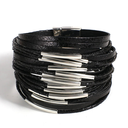Trendy Metal Tube Leather Bracelet for Women /Men. Chunky Glitter Filled Slim Multilayer Wrap Wide Bracelets. Nice JewelryGift