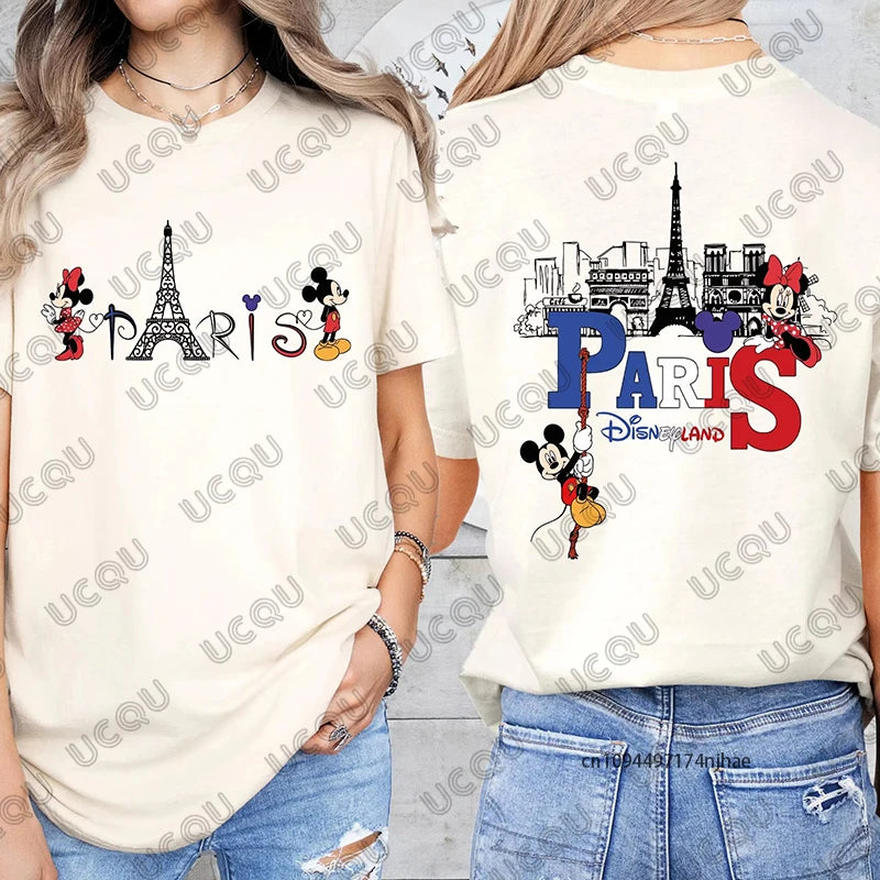 2026 Summer Mickey & Minnie Love Paris Print Mom and Dad Children Cotton T-shirt Short Sleeve Parent-Child Tees Casual Tops. GREAT FATHERS DAY Gift whether your taking that trip to Paris, or just wishing.