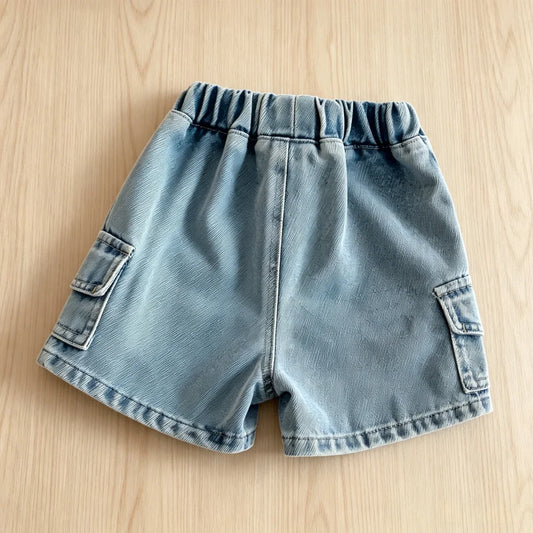 Kids Denim Cargo Shorts, 2-8Y, Casual Summer Jeans /Bottoms with Elastic Waistband. Comfortable Childrens Outdoor Wea.