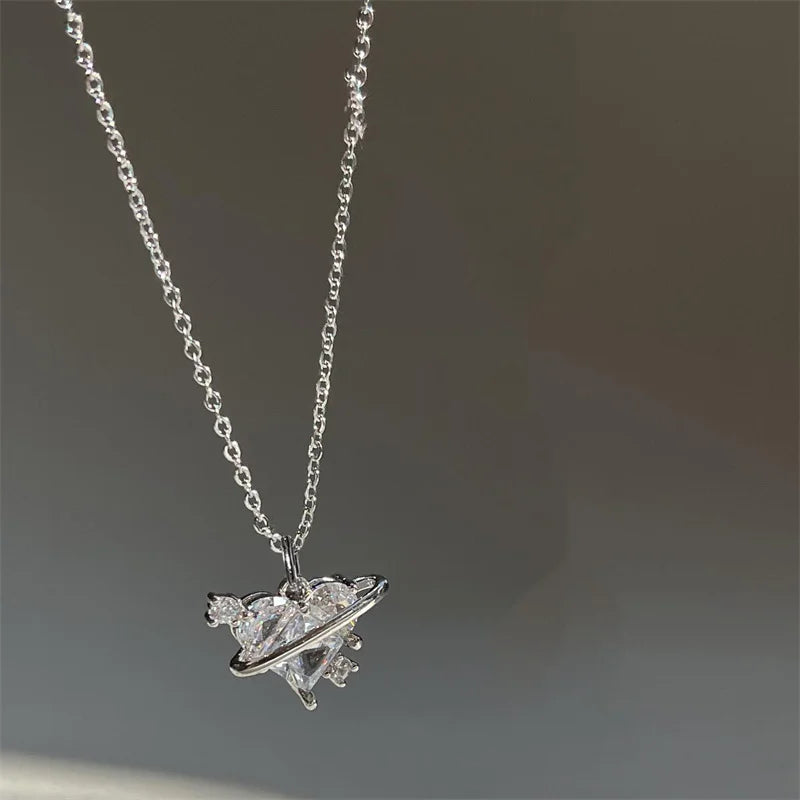 Pink Planet Heart Zircon Pendant Necklaces/ Women Fashion Aesthetic Clavicle Chain. Perfect Gift for MOTHERS DAY, Valentines Day, any special occasion