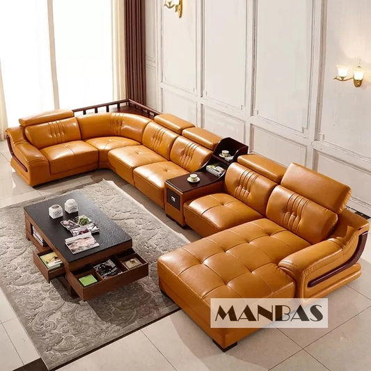 Premium Italian Genuine Leather Sofa Set. Big Sectional Couch for Living Room, With Adjustable Headrest