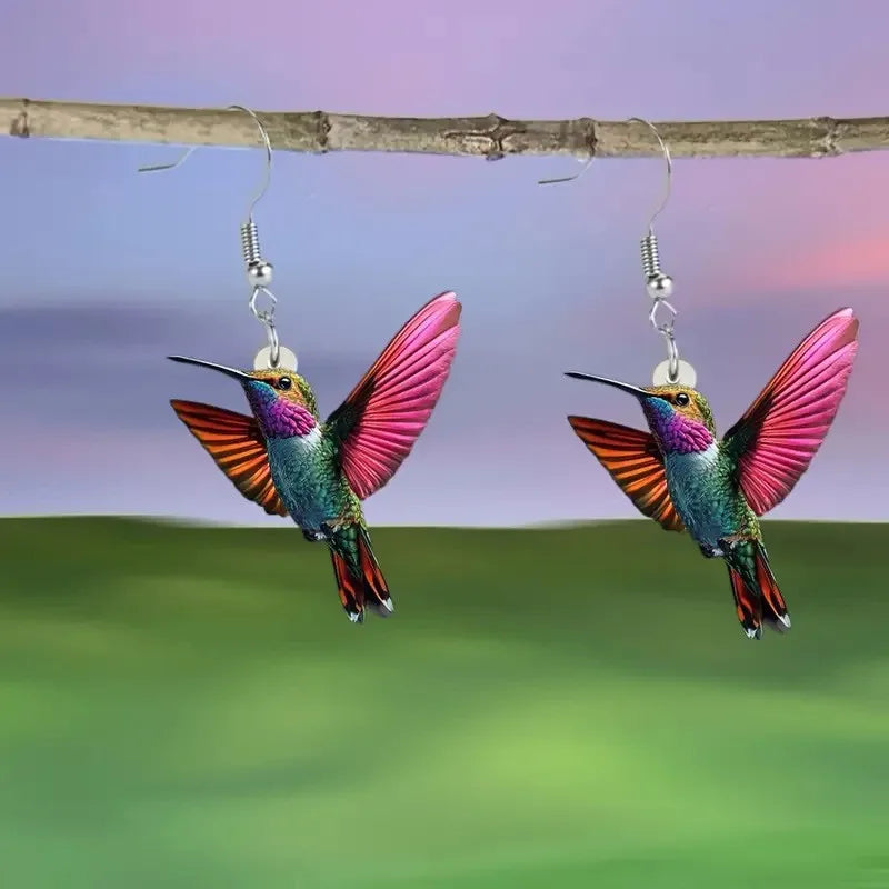 Acrylic Hummingbird Earrings For Women. Retro Style Colorful Bird Drop Earrings.