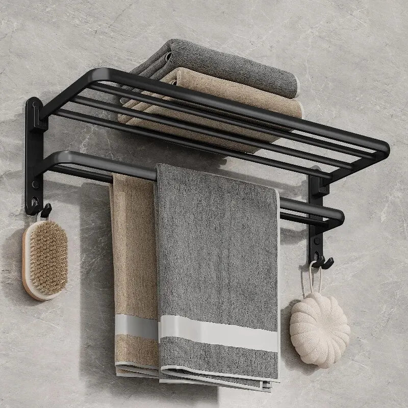 Matte Black 50CM Folding Holder With Hook, Towel Holder, Wall Mount AluminumTowel Rack