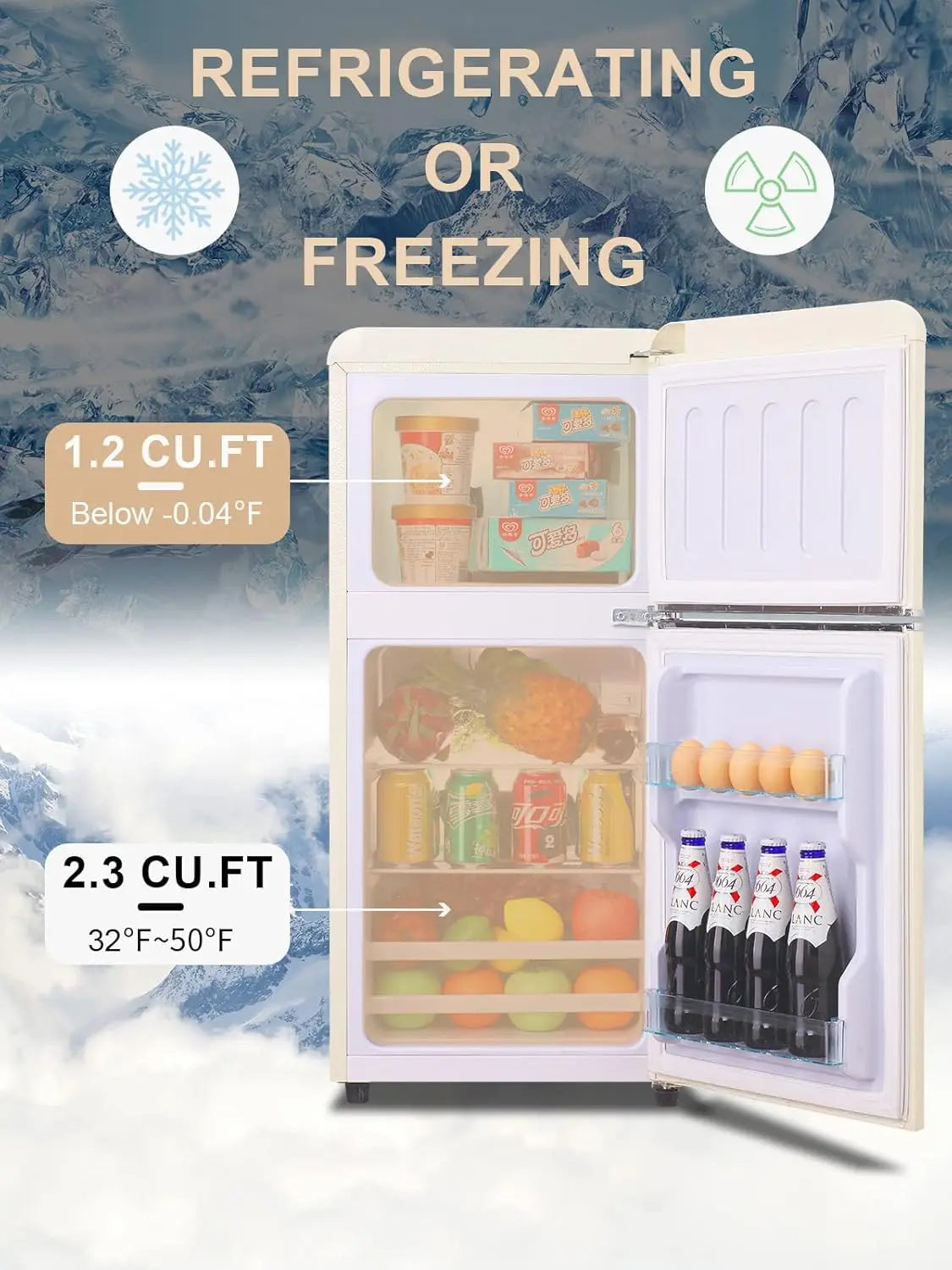3.2 Cu.ft Compact  Mini Fridge with Freezer, Retro Design and Small Drink Chiller for Home, Office