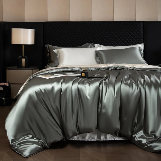 Silk Bed Sheets Set, Luxury Bedding Set with Duvet Cover, Fitted/Flat Bedsheet, Pillowcases, Mixed with Rayon, King /Queen/ Full T/win