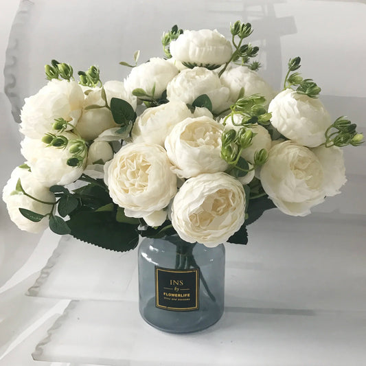 30cm Rose, Pink Silk Peony Artificial Flowers Bouquet . 5 Big Head and 4 Bud for Home Wedding Decoration indoor