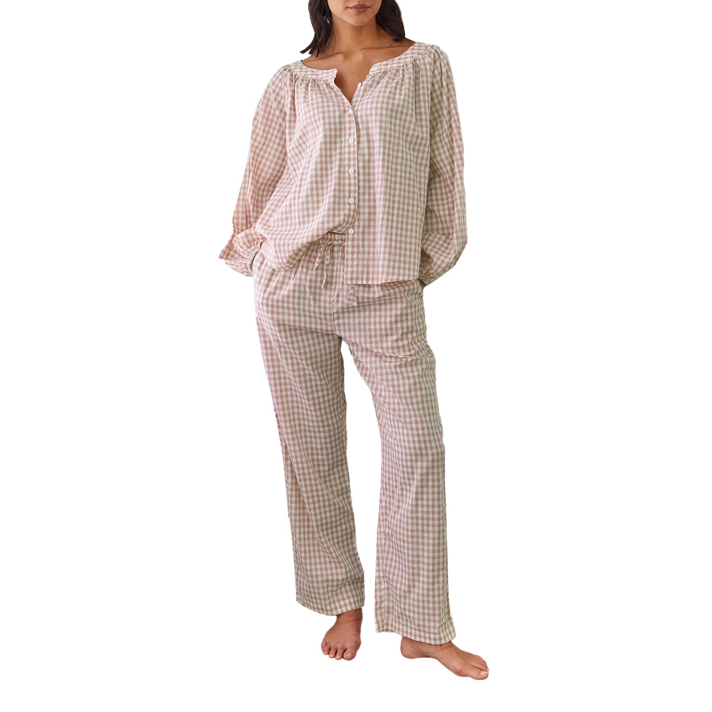 Women s Checked Pajama Set with Long Lantern Sleeves and Elastic Waistband - Button Down Top and Lounge Pants for Fall