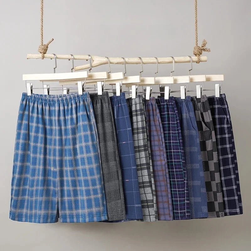 Summer Cotton Plaid Pajama Pants for Adults.  Home Wear,  Cotton Men’s Sleep Bottom with Elastic Waist .  Breathable Shorts