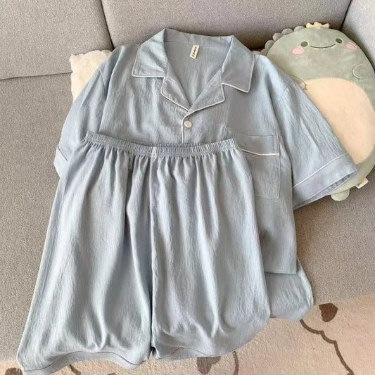 Men's Luxury Solid Color Short Sleeve Lapel Top And Elastic Shorts. Plus Size Summer Loungewear/ Sleepwear