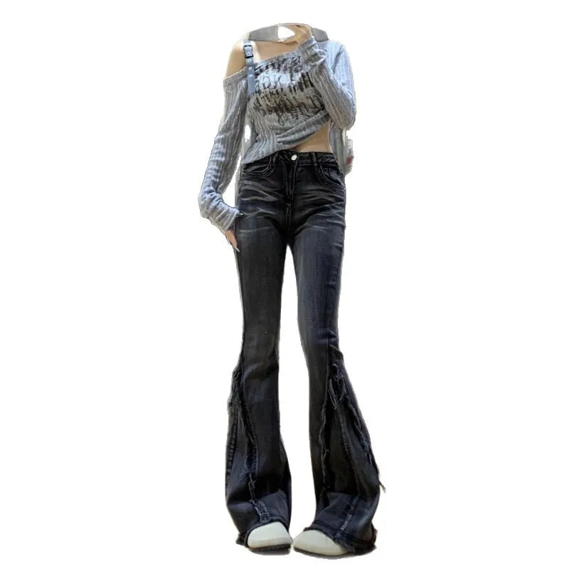 Retro American High Waist, Slimming and Stretchy Denim Jeans for Women/Girls. Flared Bell Bottoms with Frayed Edges