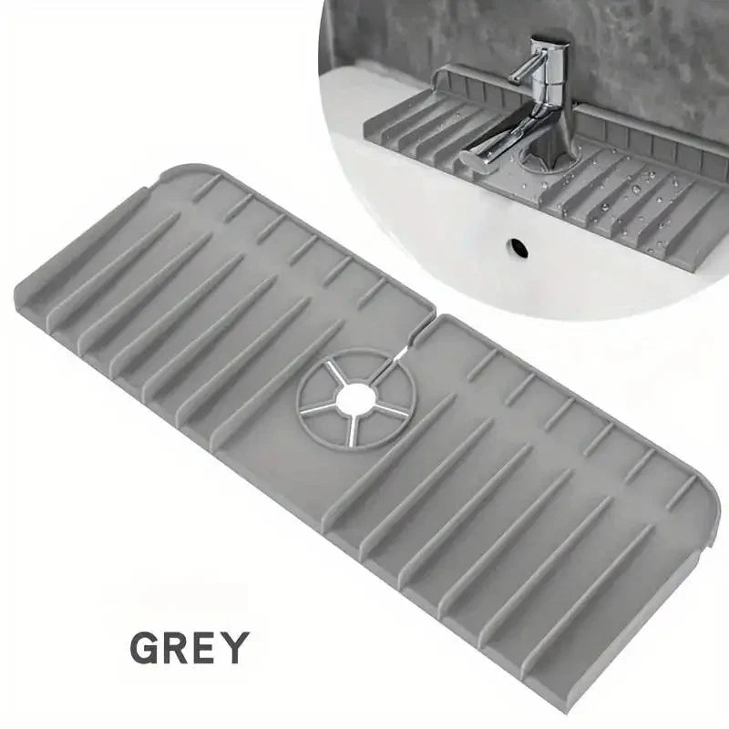 Silicone Faucet Mat for Dish Soap, Sponge Holder, Kitchen Countertop Drying Mat and Splash Guard with Drain Pad