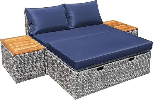 Patio/ Day Bed /Outdoor Daybed Set, Multifunctional Rattan Lounge with 2 Side Tables for Backyard Porch, Poolside, Lawn, Beach