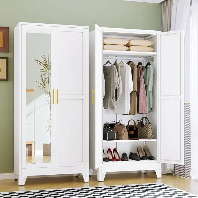 Metal Armoire Wardrobe Closet, 71" Tall Bedroom Closet with Mirror, Adjustable Shelves, and Hanging Rod, for Bedroom