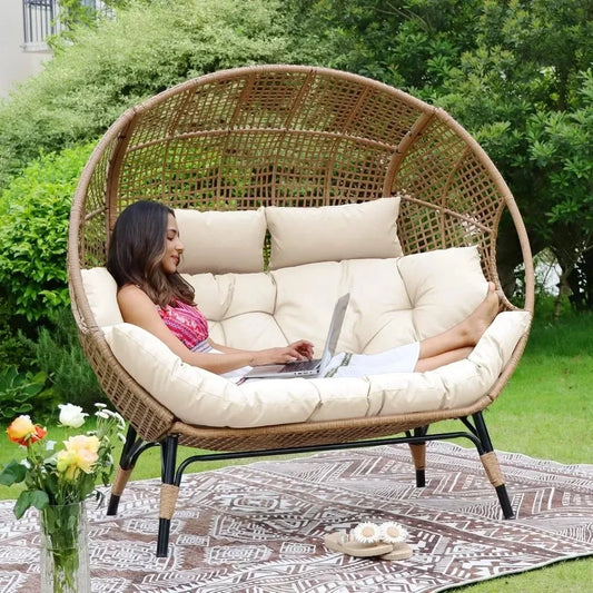 Lounge Chair/Double Egg Chair, Indoor /Outdoor Stationary, Thickened, Padded Cushions,680 lbs,for Patio Balcony Porch Backyard Beige