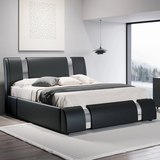 Modern Faux Leather Bed Frame with Iron Pieces for Decor, Low Profile Platform Bed with Height-Adjustable Headboard