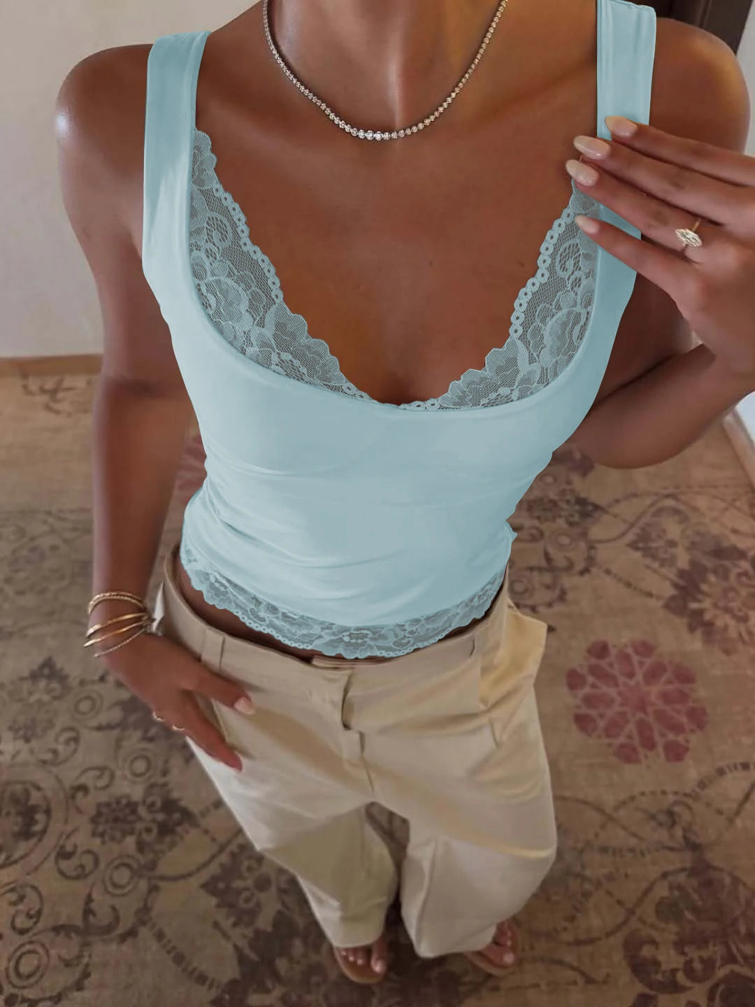 V neckline, Slim Lace Ruffles, Tank Tops for Women/Girls