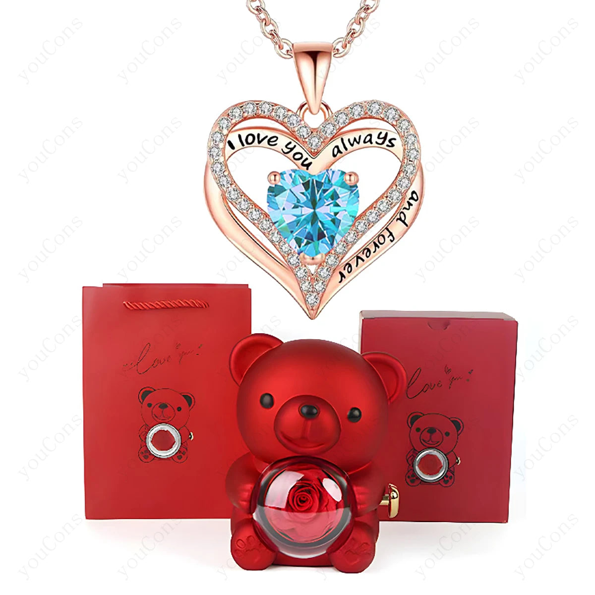 Red Heart Pendant Necklaces With Cute Bear Rose. Gift Box For Women, Mothers Day 2026 Christmas Valentine Wedding Birthday Jewelry
