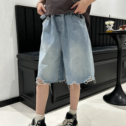 Girls' Denim Shorts for Kids . Lightweight, Five-Inch, Loose-Fit, Summer Pants for Big Kids. Stylish Children's Shorts