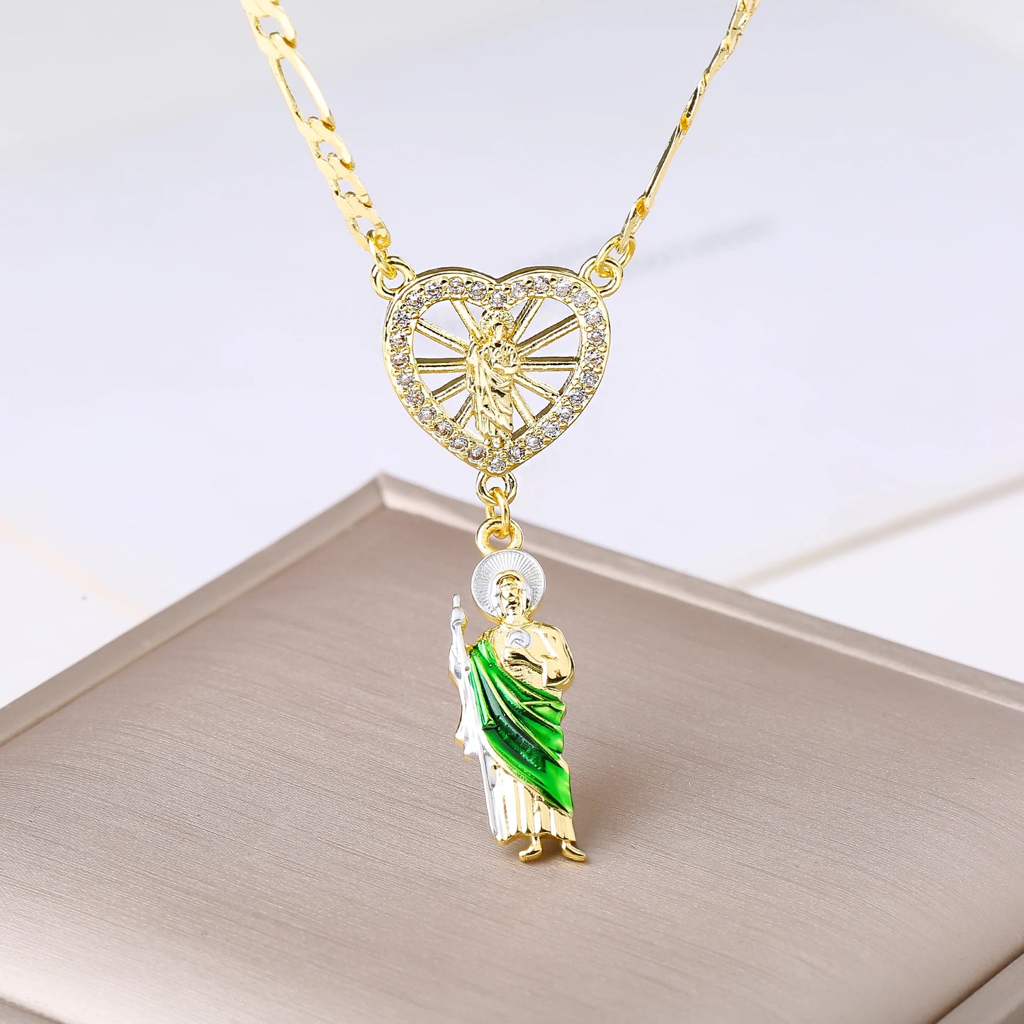 Catholic Saint Jude Heart, Pendant NecklacE, Gold Plated/ Rhinestone Religious Jewelry for Women Men, Prayer Gift