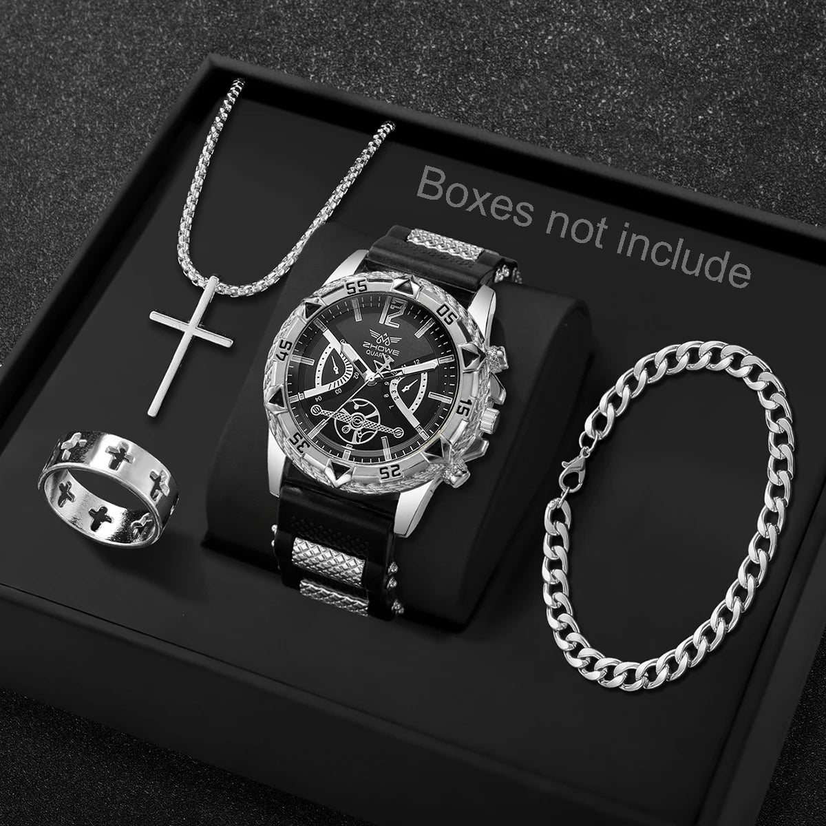 4PCS Fashion Arabic Dial Men s Business Quartz Watch with Casual Silicone Strap on Wristwatch and including the 3- piece Necklace Set.(Without Box)All styles are available as I am typing. This attractive set can easily be g