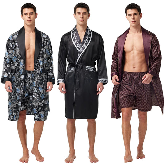 Men’s Satin Robe, Lightweight Silk with Long Sleeves. Kimono Style Bathrobe including Shorts Set