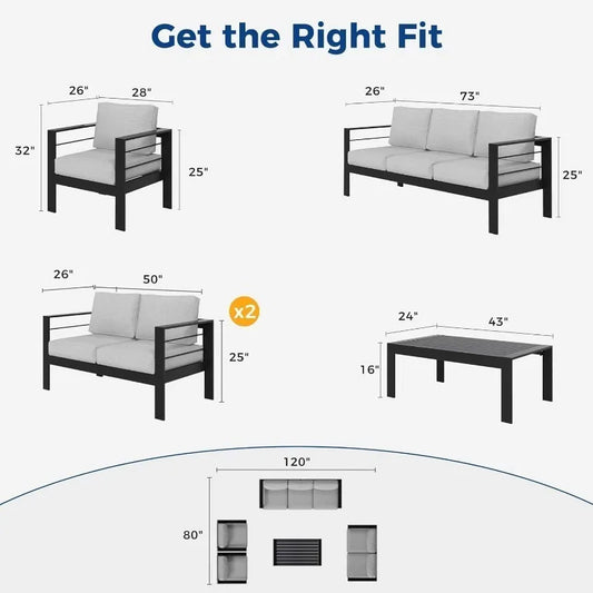 7-Seat Aluminum Patio Set, Metal Sectional Sofa with Coffee Table