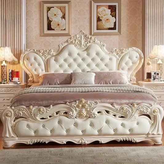 Vintage Nordic Luxury Bed, Master Queen /King, Modern Regale Bed Wood Bedroom Leather Antique Safe Queen Size Trendy Furniture