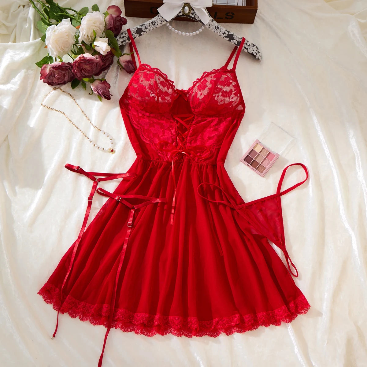 Sexy Bra And Garter Belt Lingerie in Hot Red. Babydoll Dress for Women. Exquisite 3-Piece Set Nightwear Set