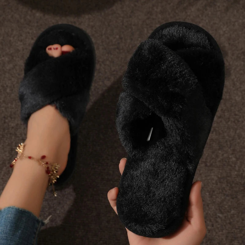 Womens Cross -over Warm, Fluffy Slippers. Lightweight, Flat Heels with Fur Slides. For Autumn, Winter, Spring. Open Toe and -Non -Slip for Home Floors.