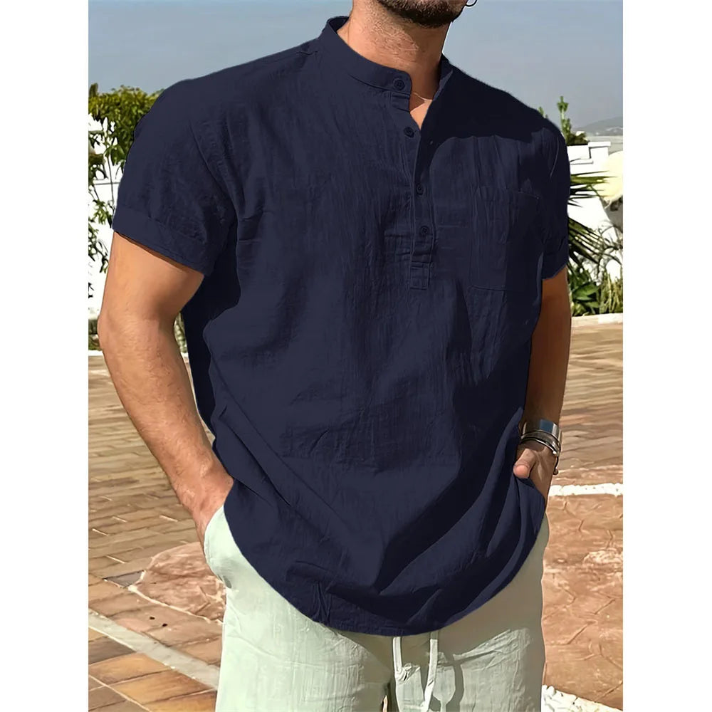 Summer Hot Sale on Men's Cotton Linen T-shirt, Henley Neck, Casual, Breathable, Lightweight Solid Color, Pocket Button Tops