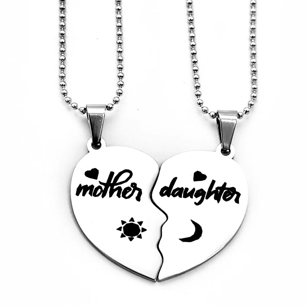 2Pcs/Set Mothe/ Daughter /Son Heart Puzzle Pendant Necklaces Stainless Steel Sun Moon Choker for Mom Children Birthday, Mothers Day