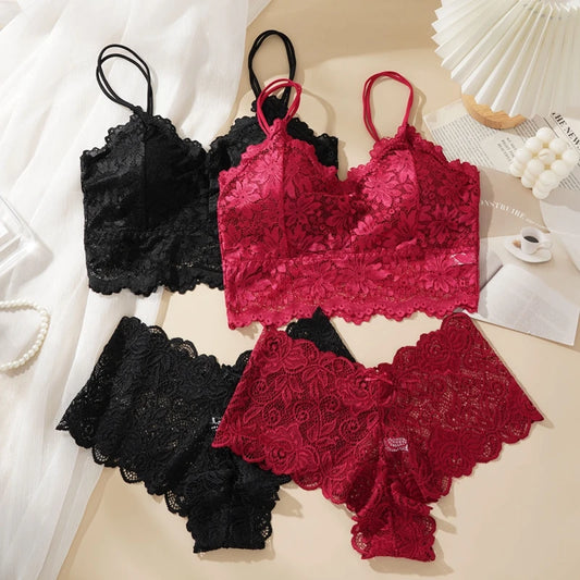 Women's Sexy Lace Bra Set. Beautiful Back With Lace Flowers and Breathable Panties. Not all sizes are available in all 3 colors. Check your sizing charts to help you with all choices that are still in stock.