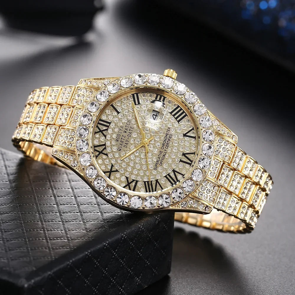 Hot Sale Diamond Bling Watch for Men, Gold Color, Luxury Gift, Quartz Watches, Mems Clock, Dropshipping, Rhinestone Calendar Wristwatch. RED Face and " 1 Gold Face " are gone. This is going fast. Don't wait!!!