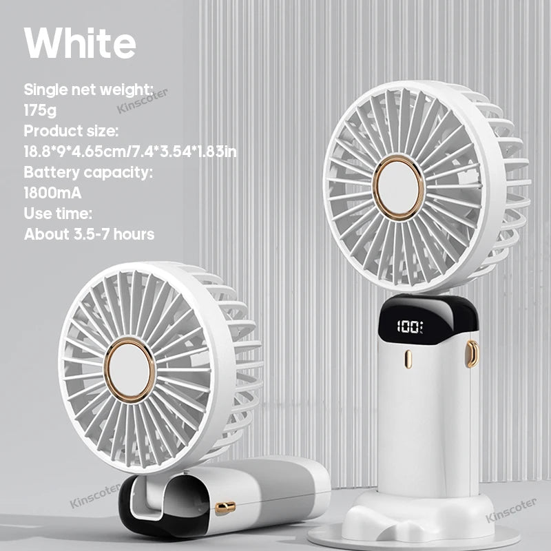 USB, Handheld Mini Fan, Foldable, Portable Neck Hanging Fan, 5- Speed, Rechargeable Fan with Phone Stand and Display Screen. WHITE is the only color available for sure.