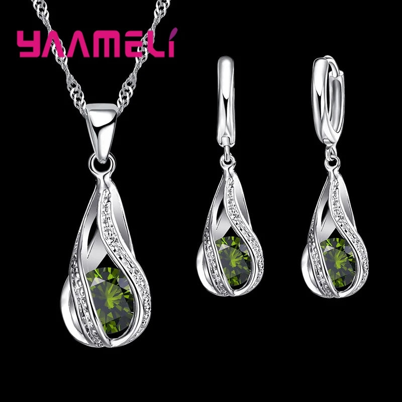 Hot Water Drop CZ 925 Sterling Silver Plated Jewelry Set For Women. Pendant Necklace, Hoop Earrings, Wedding gifts, MOTHERS DAY Gifts