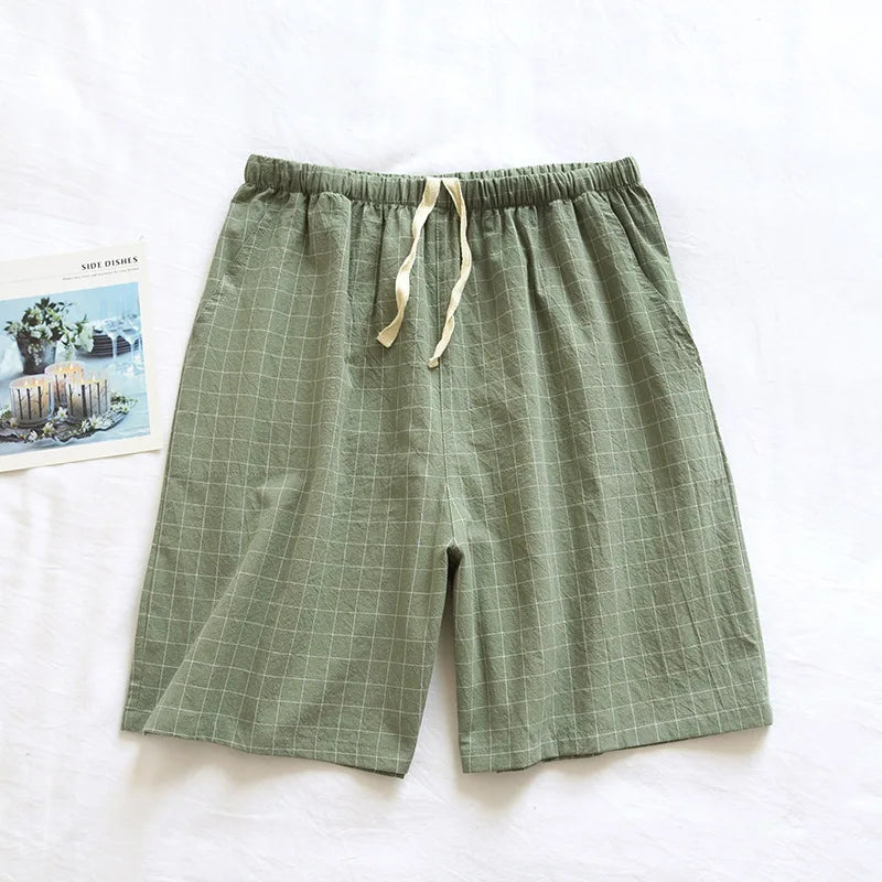 Mens Solid Color Cotton Shorts. Simple Loose and Breathable Sleeping Pants with Elasticated Waistband.