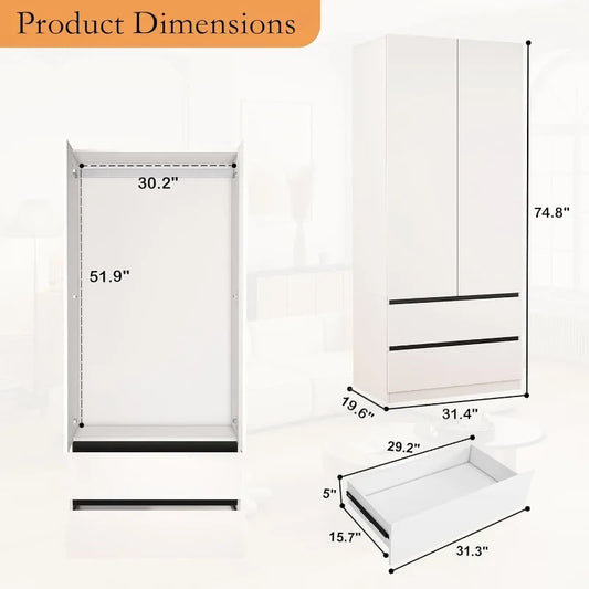 75" Wardrobe Closet with 6 Doors & 6 Drawers, White Wooden Armoire for Bedroom