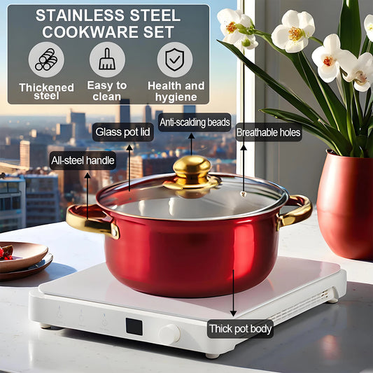 Red Cookware Set. 12-Piece, Stainless Steel, Non-Stick, Kitchen Cookware Collection.