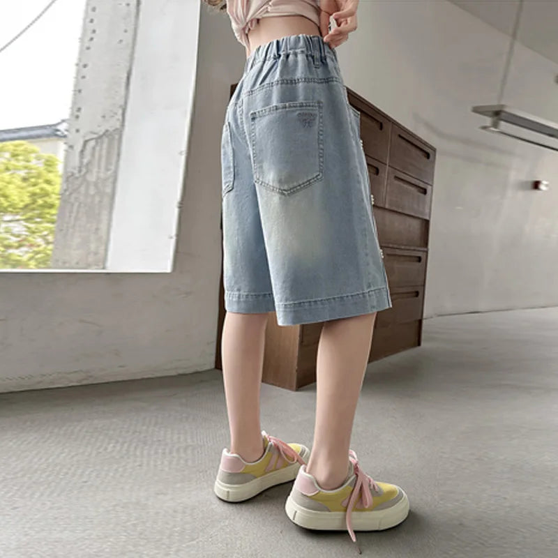 Girls Denim Shorts, Loose Pants, Casual, Thin Jeans for Teenage, Wide Leg, Knee-Length Trousers