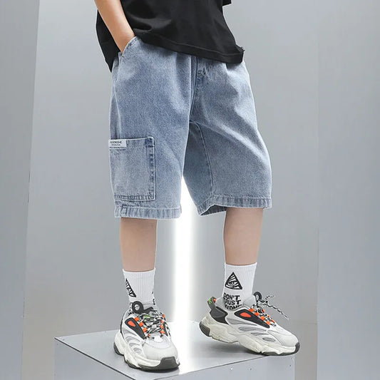 Boys summer Jeans, Thin, Young Teenage Boys, Versatile Denim Shorts with Sticker Pockets. 4-14Yrs Kids Boy Shorts,