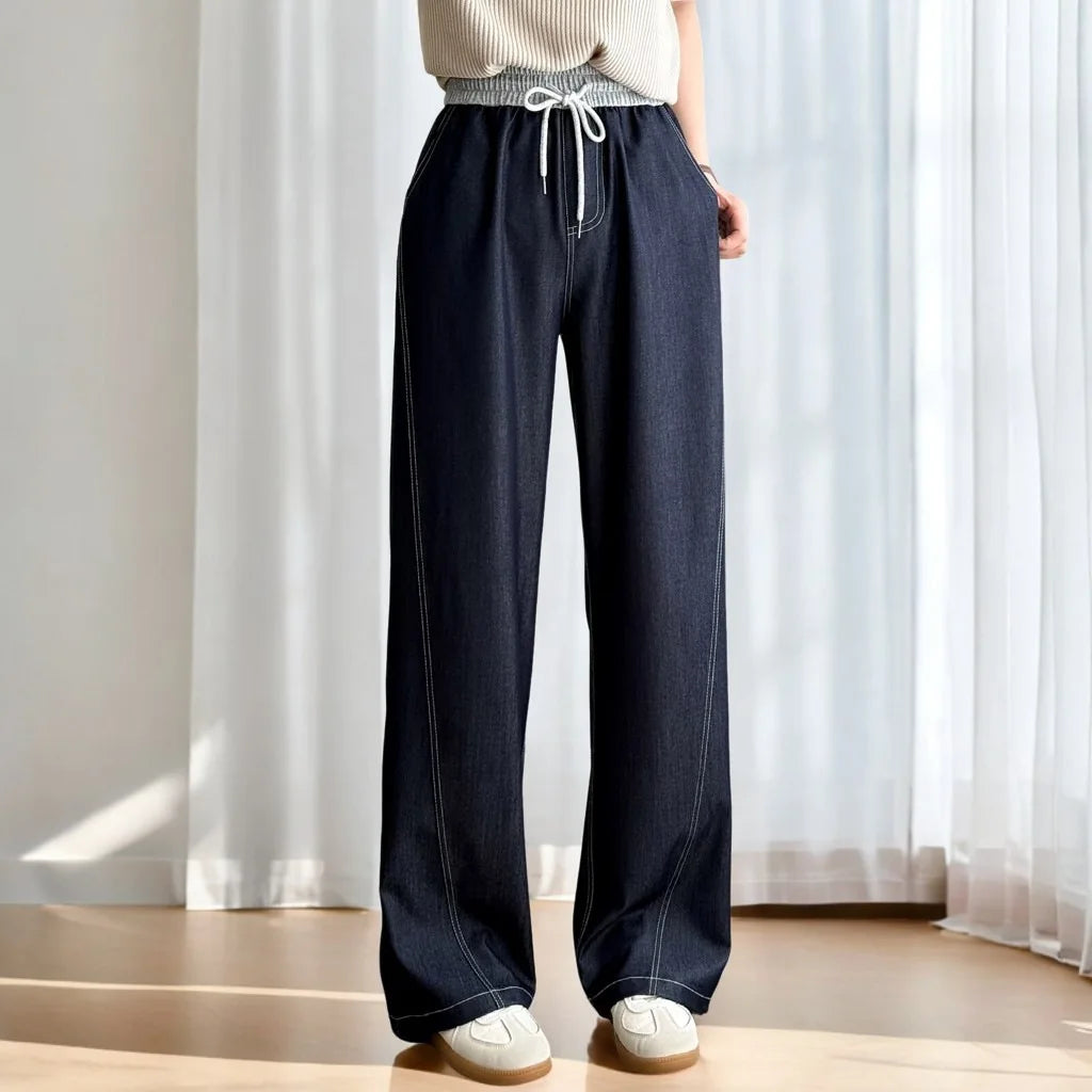Spring Summer Wide Leg Jeans. 100kg Temperament Color, Waist Thin, Lyocell Plus Size Women, Bright Line, Straight Trousers