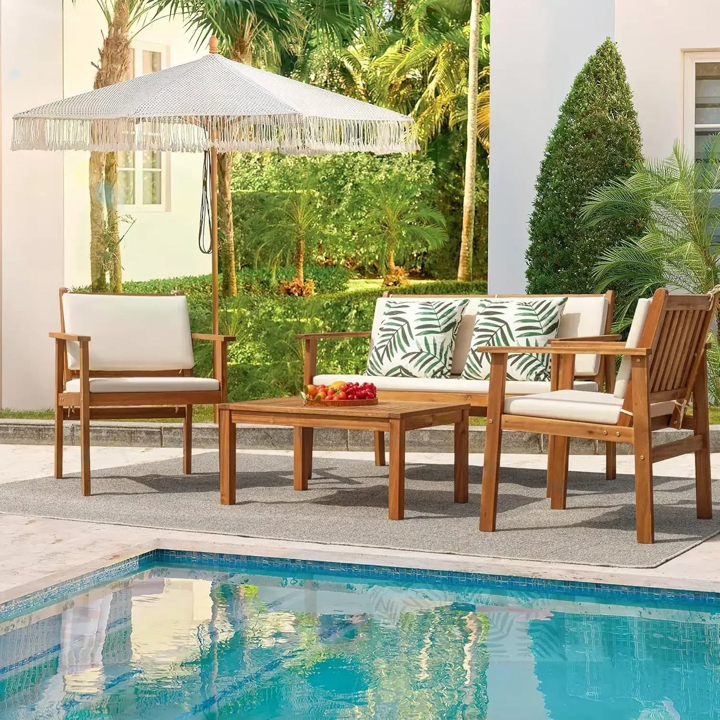 Patio Furniture, 4 Piece Outdoor Acacia Wood Patio Conversation Sofa Set with Table & Cushions, Porch Furniture for Deck