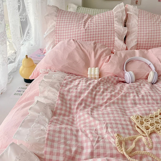 3 Piece Sheet Set pink checked, Gingham Pattern, duvet cover Set. Comfortable Bedding Set for All Seasons