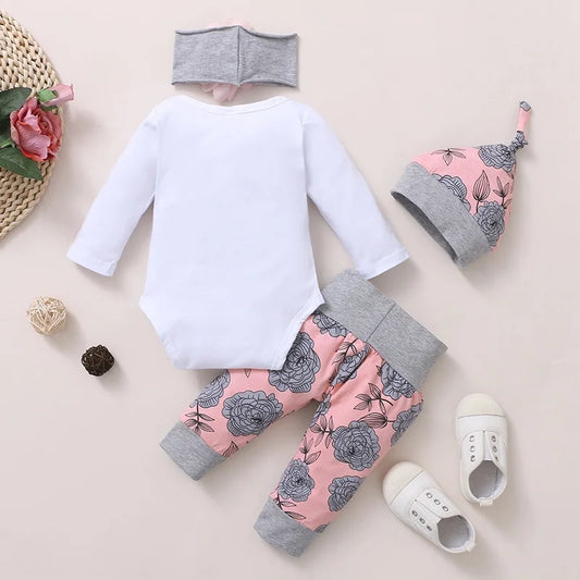 0-24 Months Newborn Baby Girl Clothing Set with Long Sleeves. Romper+Rose Pant+Hat+Headband Spring&Autumn 4PCS Outfit for Toddler Girl